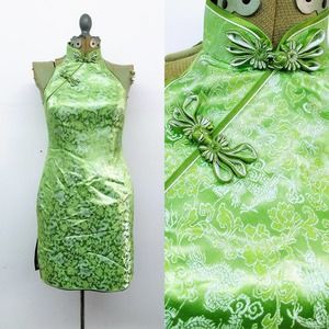 Vintage 90s/Y2K Mini Qipao Cheongsam Style Dress Lime Green Halter